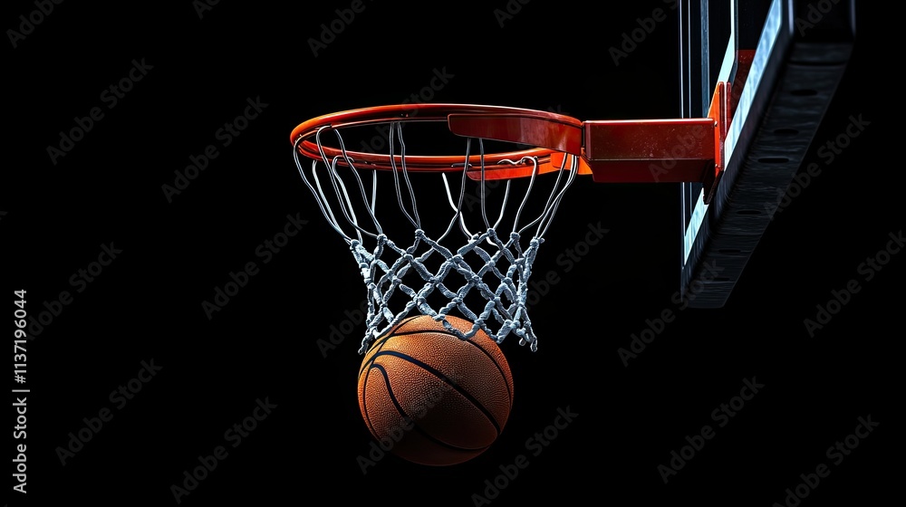 Basketball Swish: A Stunning Close-Up of a Basketball Entering the Net Against a Dramatic Black Background Basketball Swish: A Stunning Close-Up of a Basketball Entering the Net Against a Dramatic Black Background