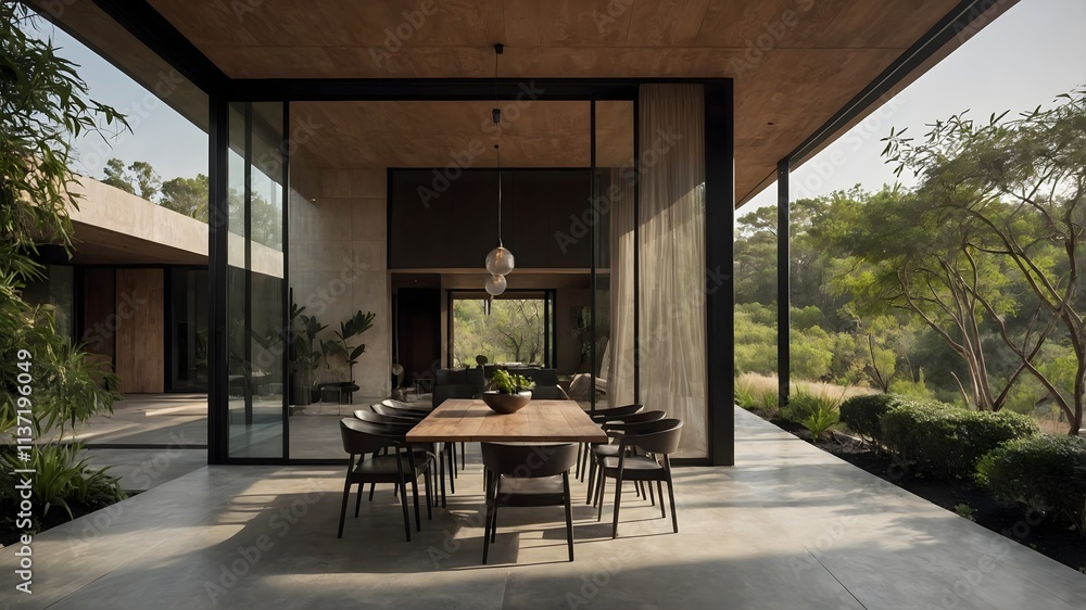 Fototapeta premium Luxury modern house and black steel elements,hotel-style interiors blending Indian and Indonesian aesthetics. Set in varied natural landscapes. (AI-generated)