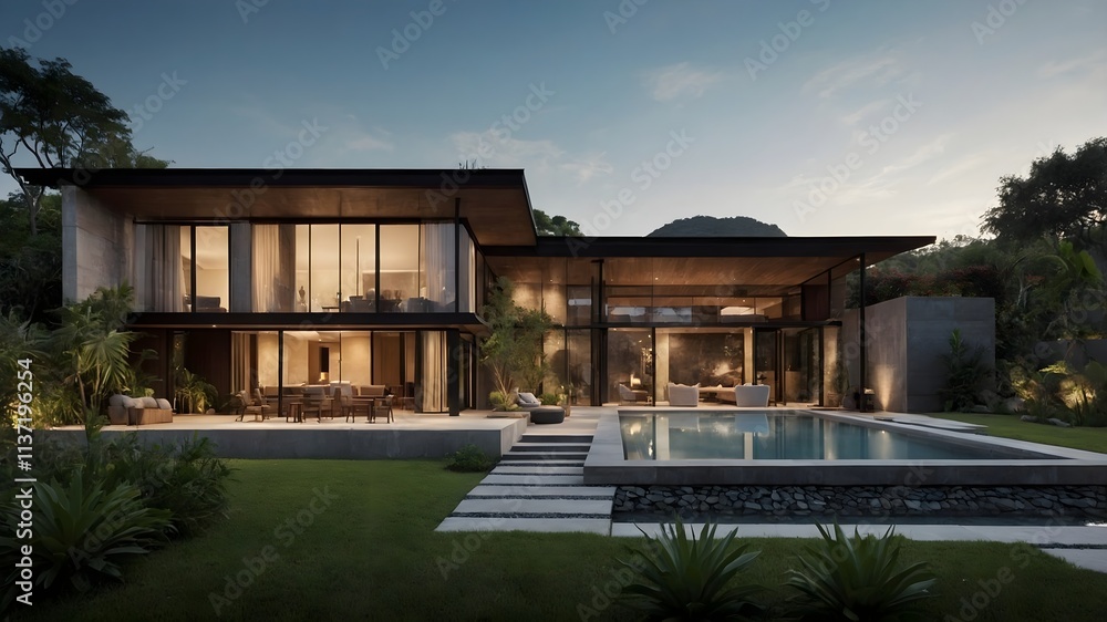 Luxury modern house and black steel elements,hotel-style interiors blending Indian and Indonesian aesthetics. Set in varied natural landscapes. (AI-generated) Luxury modern house and black steel elements,hotel-style interiors blending Indian and Indonesian aesthetics. Set in varied natural landscapes. (AI-generated)