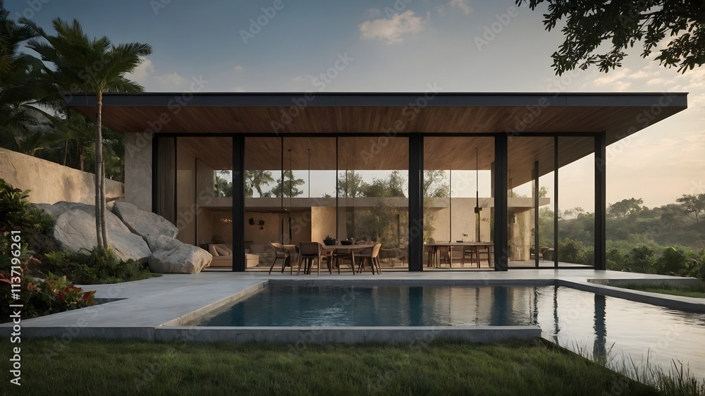 Luxury modern house and black steel elements,hotel-style interiors blending Indian and Indonesian aesthetics. Set in varied natural landscapes. (AI-generated) Luxury modern house and black steel elements,hotel-style interiors blending Indian and Indonesian aesthetics. Set in varied natural landscapes. (AI-generated)