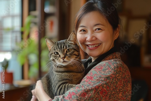 Woman Smiling Holds Tabby Cat Indoors
