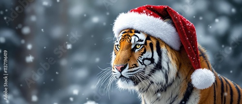 Tiger In Santa Hat On Winter Background, Festive New Year Theme For Cards, Prints And Decor photo