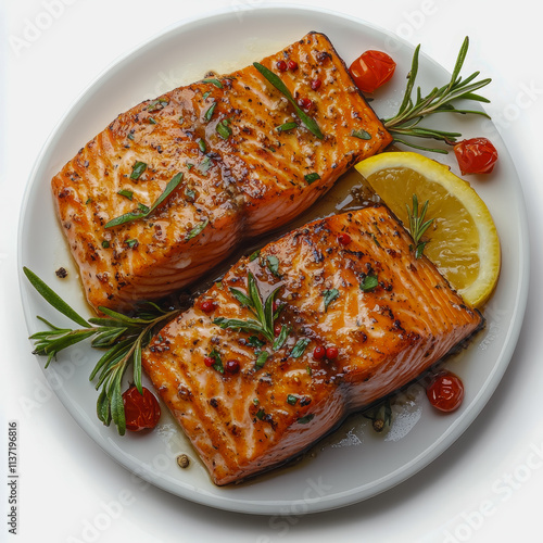 Delicious Pan-Seared Salmon with Lemon and Tomatoes on a Plate Perfect for Healthy Eating and Culinary Photography photo