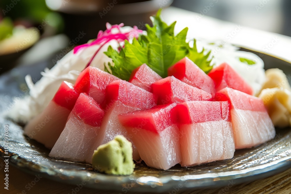 Studio lighting focusing on a minimalist plate of Low-Calorie Sashimi, emphasizing the fresh textures and light garnishes Studio lighting focusing on a minimalist plate of Low-Calorie Sashimi, emphasizing the fresh textures and light garnishes