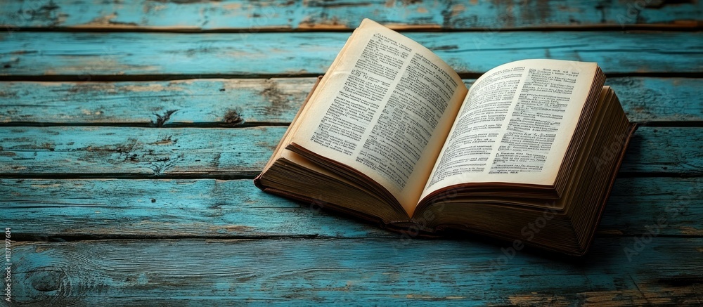 Obraz premium Ancient Book on Rustic Wooden Table