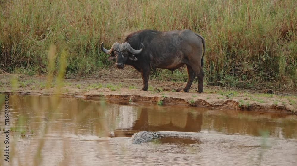 Cape Buffalo and Nile Crocodile wildlife interaction in Kruger National Park South Africa Cape Buffalo and Nile Crocodile wildlife interaction in Kruger National Park South Africa