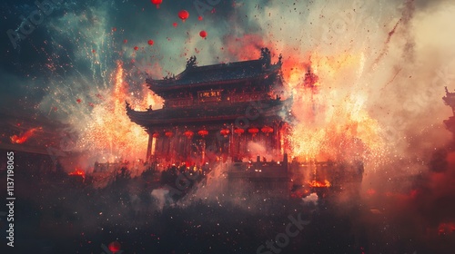 Festive Fireworks Explode Behind Ancient Temple Structure