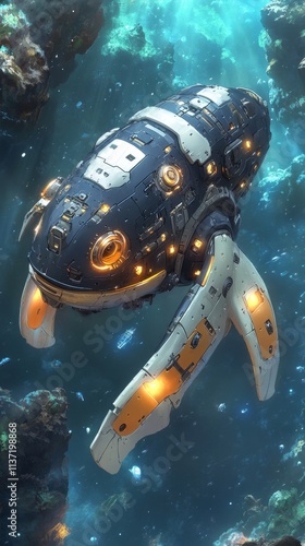 Futuristic Submarine in a Bio Luminescent Ocean