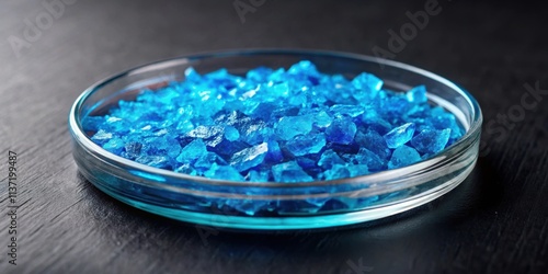 Bright blue copper sulfate crystals in a Petri dish on a dark surface , copper sulfate, blue vitriol