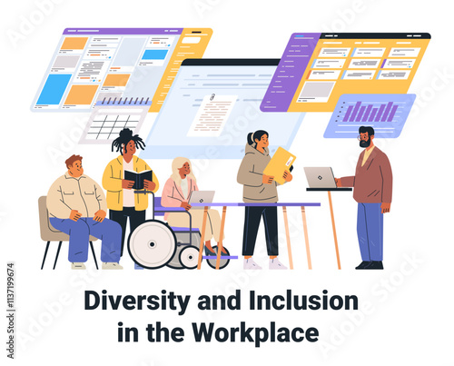 Diverse workplace team collaboration with technology digital devices charts and documents office environment inclusive teamwork modern business template