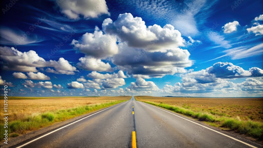 Lonely road disappearing into the horizon under clear blue sky with fluffy white clouds, lonely, road, distance, vibrant, blue Lonely road disappearing into the horizon under clear blue sky with fluffy white clouds, lonely, road, distance, vibrant, blue
