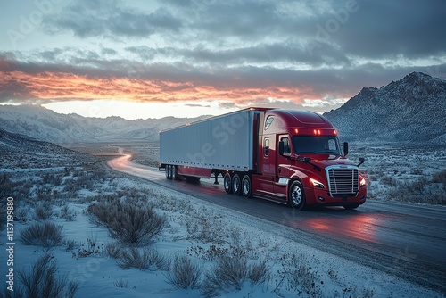 Red Semi Truck on Narrow Road at Sunset