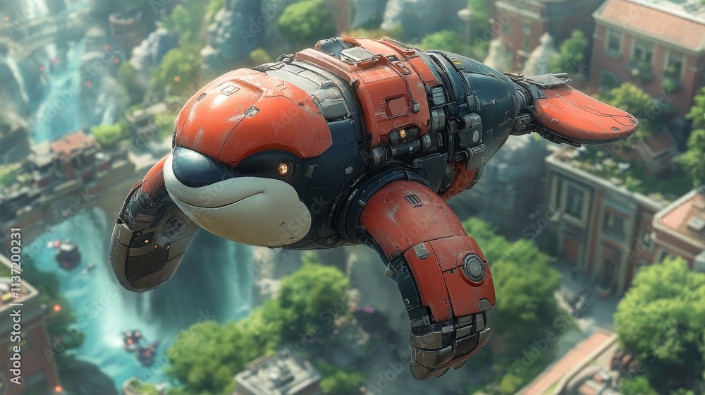 Futuristic Orca Drone Flying Over City Futuristic Orca Drone Flying Over City