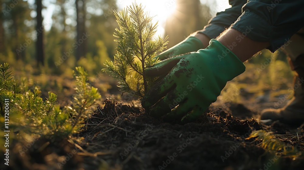 A close-up shot of hands planting young pine trees in the forest, wearing green gloves and work . The sun shines on them from behind. A close-up shot of hands planting young pine trees in the forest, wearing green gloves and work . The sun shines on them from behind.