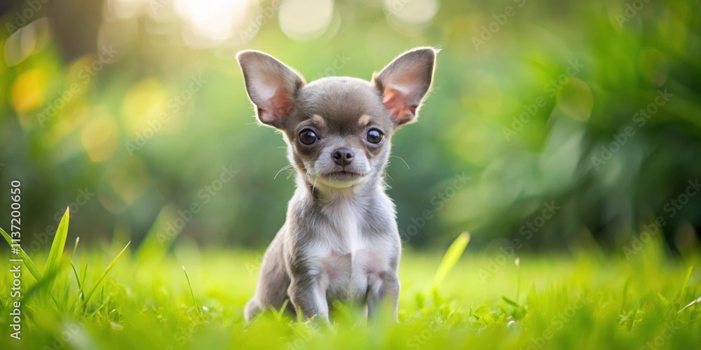 Adorable grey chihuahua puppy sitting on a lush green lawn, chihuahua, puppy, grey, adorable, pet, small, cute, dog, animal, lawn Adorable grey chihuahua puppy sitting on a lush green lawn, chihuahua, puppy, grey, adorable, pet, small, cute, dog, animal, lawn