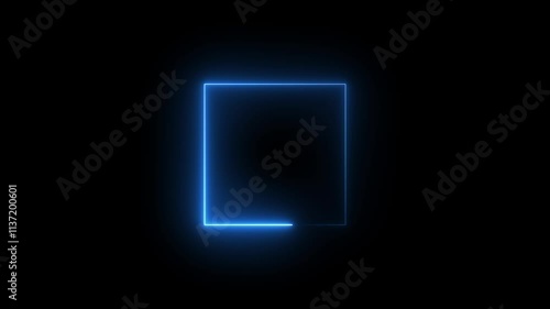 glowing neon light. square frame royal blue color animation neon light on black background. Abstract glowing neon frame rectangle icon animation background.