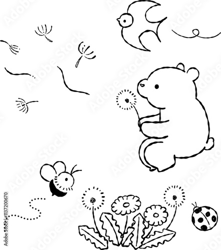 春のクマとたんぽぽの手描きの線画イラスト