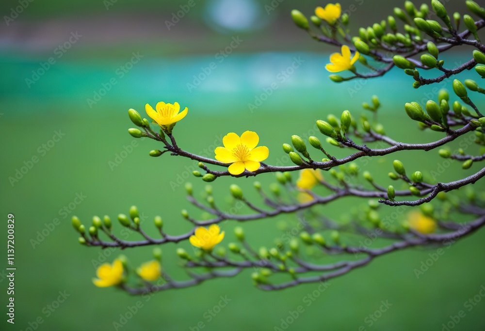 Closeup of delicate yellow apricot blossoms on slender branches, buds, and a blurred green background. Symbol of spring. Closeup of delicate yellow apricot blossoms on slender branches, buds, and a blurred green background. Symbol of spring.