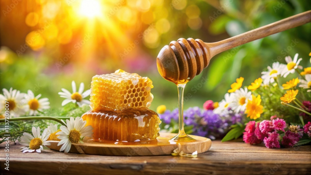 Wooden honey dipper with honey dripping on a comb in nature setting with flowers , honey, dipper, wooden, dripping, comb, natural Wooden honey dipper with honey dripping on a comb in nature setting with flowers , honey, dipper, wooden, dripping, comb, natural