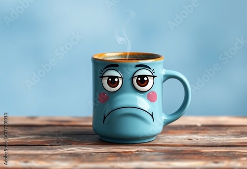 Depressed cartoon mug of coffee on wooden table