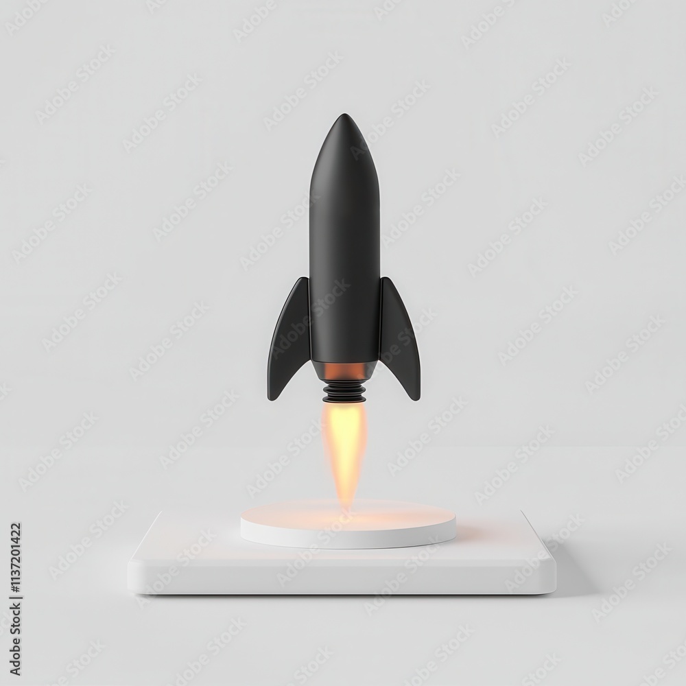 Launch vision branding concept. Rocket model launching with vibrant flames against a minimalist background. Launch vision branding concept. Rocket model launching with vibrant flames against a minimalist background.