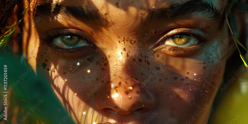 Close-up of Face with Freckles and Golden Eyes, Partially Obscured by Foliage Close-up of Face with Freckles and Golden Eyes, Partially Obscured by Foliage