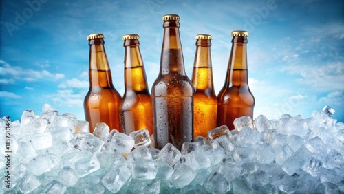 Beer bottles chilling in a bed of ice , beer, bottles, chilled, ice, refreshment, cold, drink, frosty, beverage
