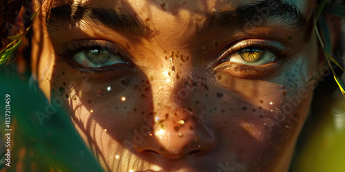 Close-up of Face with Freckles and Golden Eyes, Partially Obscured by Foliage