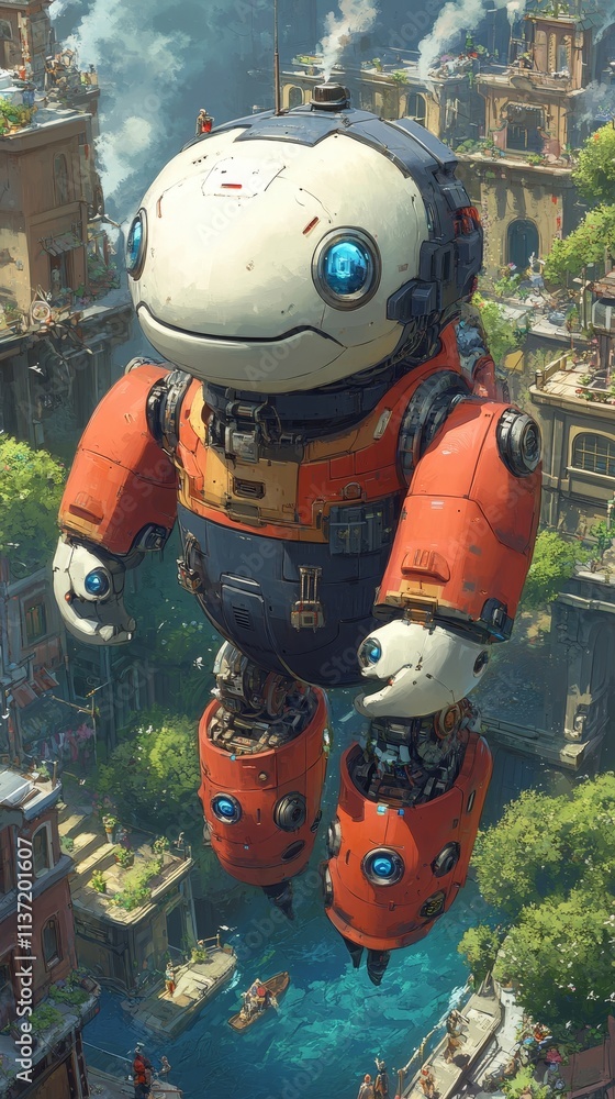 Fototapeta premium Giant Robot Overlooking City