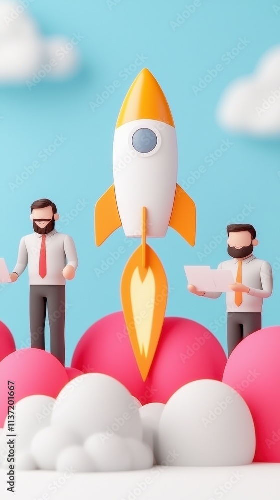 Launch vision branding concept. Two business figures with a rocket in a colorful, abstract scene. Launch vision branding concept. Two business figures with a rocket in a colorful, abstract scene.