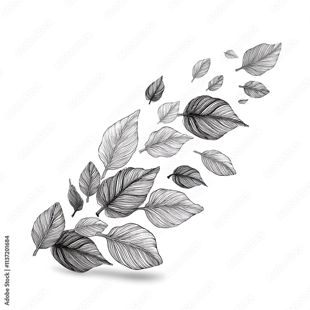 Hand-drawn illustration of falling leaves in black and white. A detailed hand-drawn black and white illustration of autumn leaves blowing in the wind