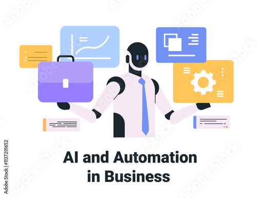 Robot with business icons representing AI automation technology. Features charts briefcase gears on colorful backgrounds. Ideal for tech themes photo