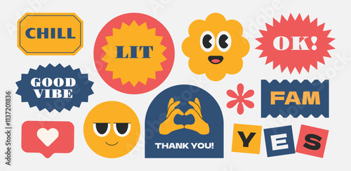 Trendy groovy vintage stickers collection. Stickers, tags, labels with gen z and millenials quote. Y2k cool style