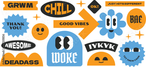 Trendy groovy vintage stickers collection. Stickers, tags, labels with gen z and millenials quote. Y2k cool style
