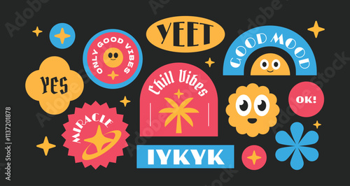 Trendy groovy vintage stickers collection. Stickers, tags, labels with gen z and millenials quote. Y2k cool style