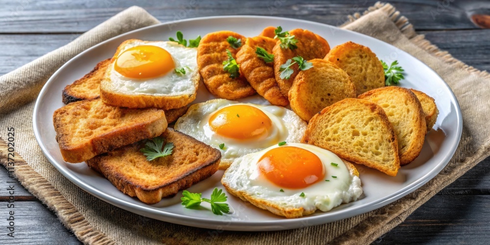 Breakfast of fried toast bread with four different types of chicken eggs , breakfast, fried toast Breakfast of fried toast bread with four different types of chicken eggs , breakfast, fried toast