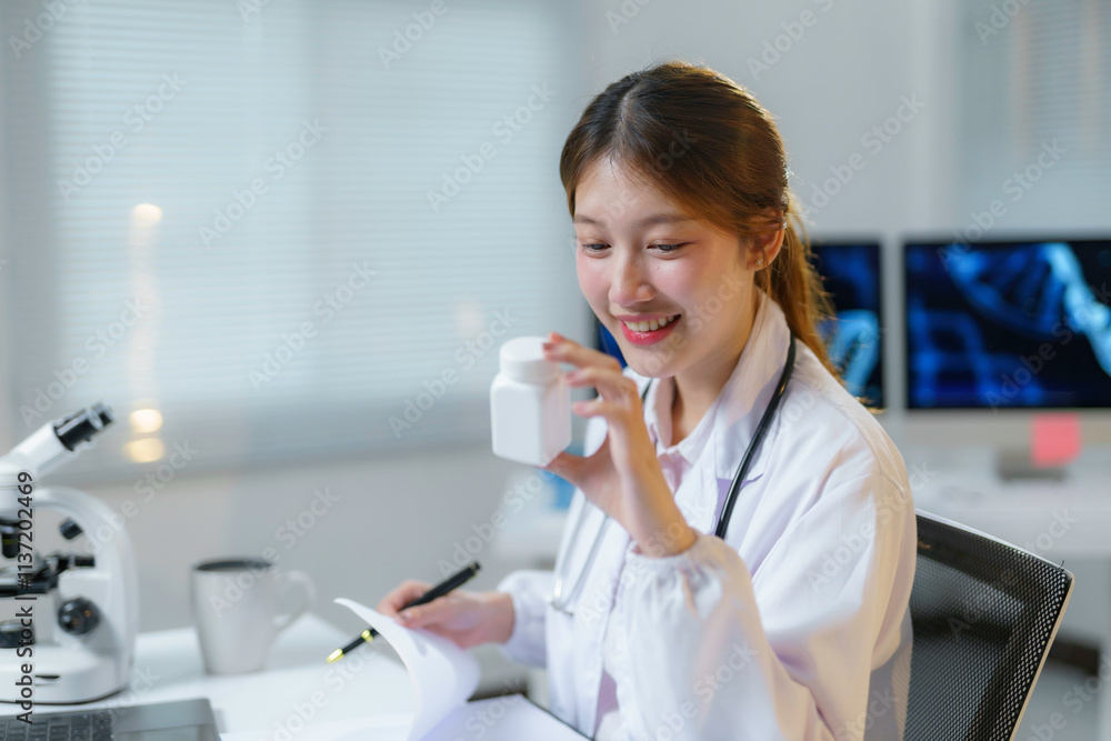 Young female doctor smiling and holding a medicine bottle while writing a prescription in a medical laboratory Young female doctor smiling and holding a medicine bottle while writing a prescription in a medical laboratory