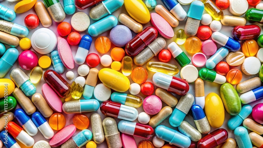 Assorted medications and pills in various shapes, sizes, and colors, medication, pills, pharmaceuticals Assorted medications and pills in various shapes, sizes, and colors, medication, pills, pharmaceuticals