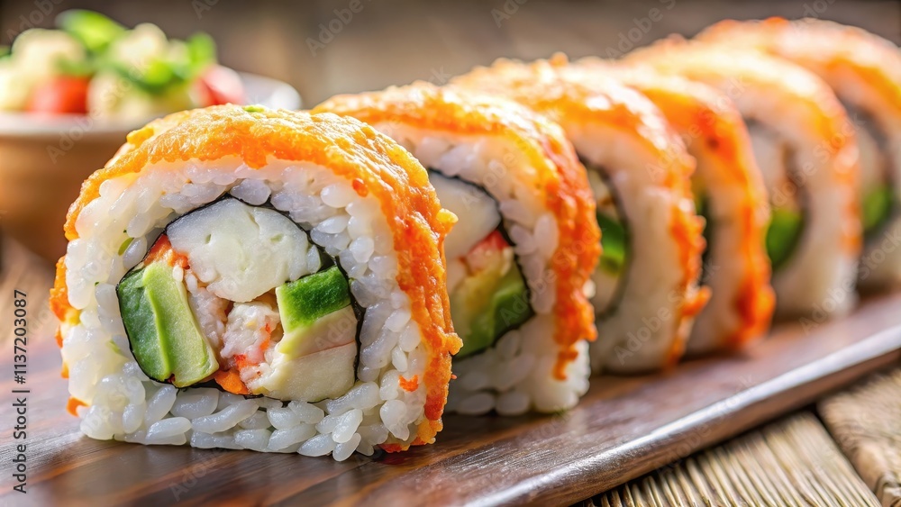 Close up of a California roll sushi with crab filling, sushi, Japanese food, seafood, close-up, gourmet, delicious, appetizer Close up of a California roll sushi with crab filling, sushi, Japanese food, seafood, close-up, gourmet, delicious, appetizer