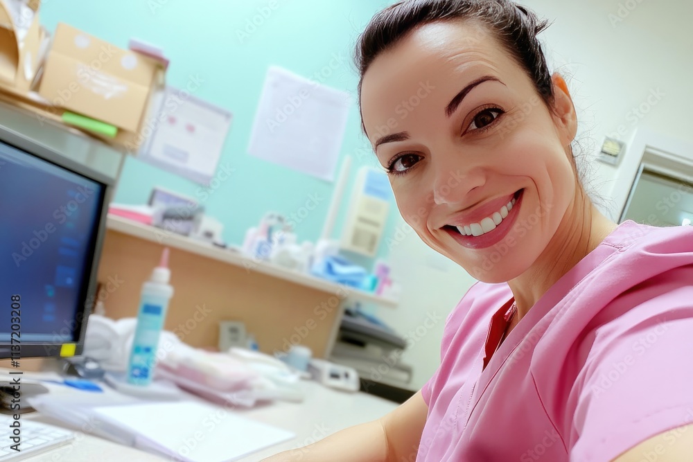 Smiling female medical professional at her workplace Smiling female medical professional at her workplace