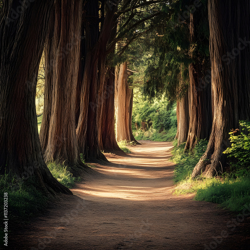 A tranquil forest path lined with towering ancient trees bathed in soft sunlight, creating a serene and enchanting woodland scene perfect for relaxation, nature, and adventure themes photo