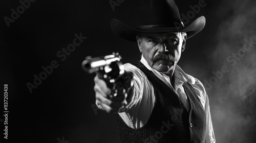 A grizzled gunslinger aims his revolver in the smoky west photo