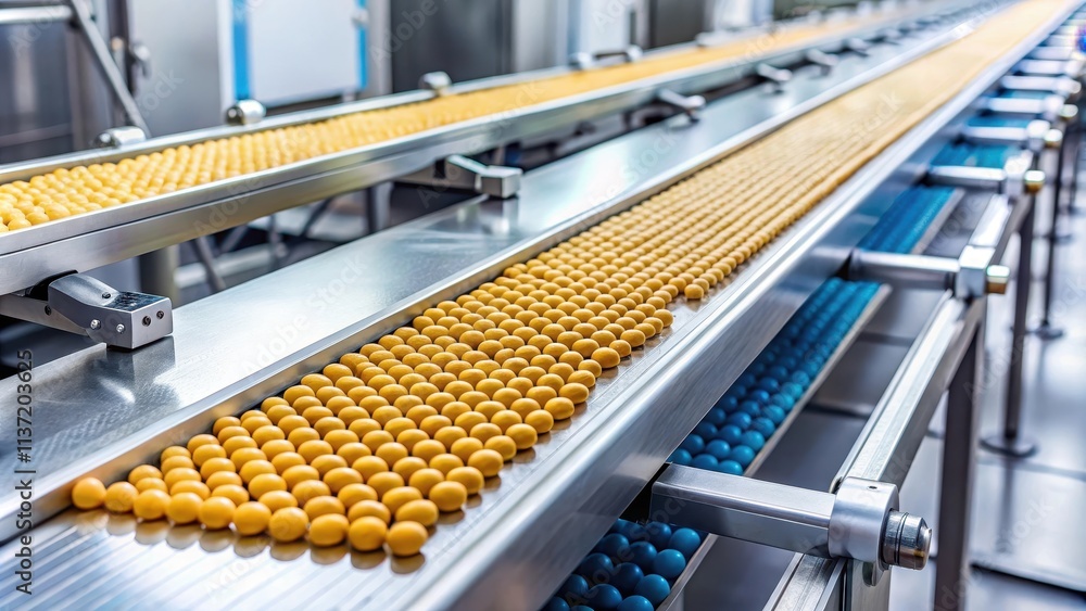 Close-up of a conveyor belt in a tablet and vitamin production facility, pharmaceutical, industry Close-up of a conveyor belt in a tablet and vitamin production facility, pharmaceutical, industry