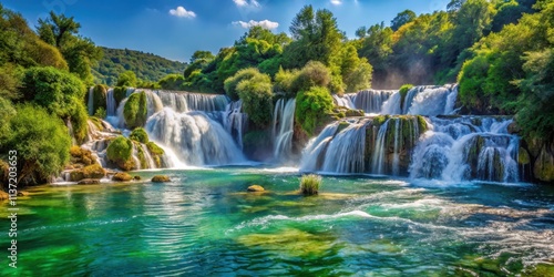Beautiful view of Krka Waterfall surrounded by lush greenery in Krka National Park, Dalmatia, Croatia