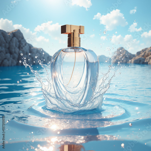 Elegant perfume bottle with fresh water splash