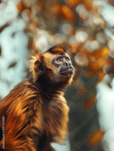 Capuchin Monkey, Cebus capucinus, close up with warm tones in a wilderness setting