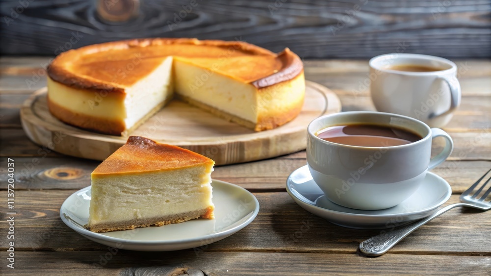 Sliced San Sebastian Cheesecake with coffee on table , Spanish, dessert, traditional, sweet, creamy, delicious, pastry, baked Sliced San Sebastian Cheesecake with coffee on table , Spanish, dessert, traditional, sweet, creamy, delicious, pastry, baked