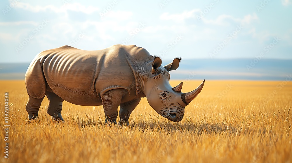 Fototapeta premium Majestic White Rhino Grazing in Golden Savannah Grassland