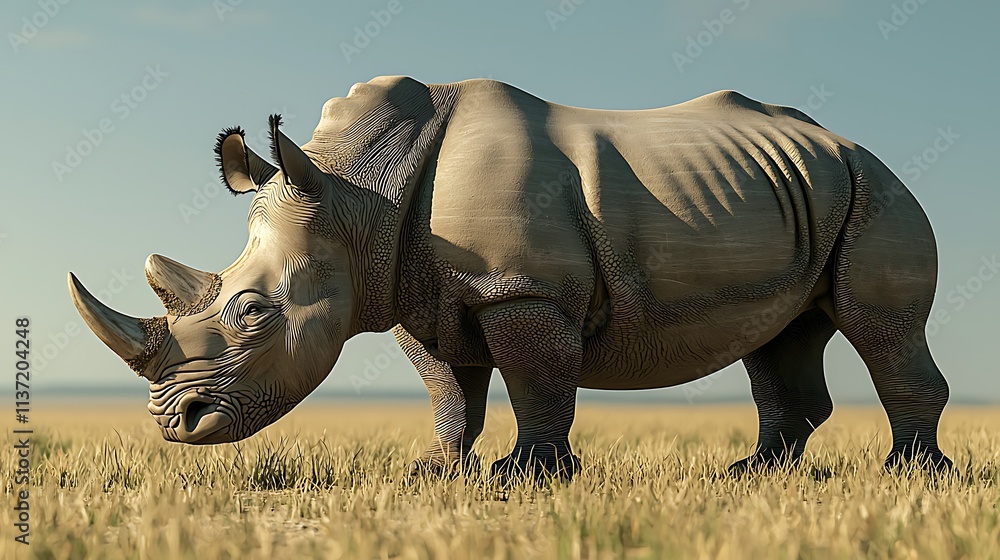 Fototapeta premium White Rhino in African Savanna Wildlife Nature Animal Mammal Grazing Grassland Endangered Species
