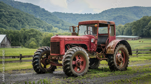 Old-Fashioned Tractor Displayed Amidst Lush Greenery at a Farm Museum Surrounded by Nature photo